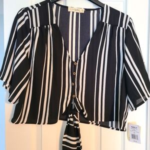 Front tie black/white blouse, XXL
